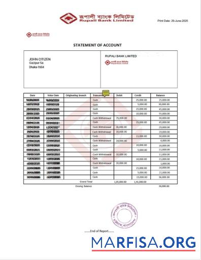 Blank Bangladesh Rupali bank statement of account word sample